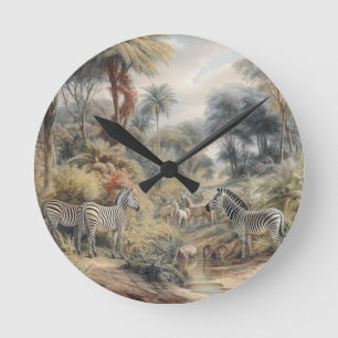 Relógio Redondo Zebra Oasis Arte Botânico Safari Decoração de Casa