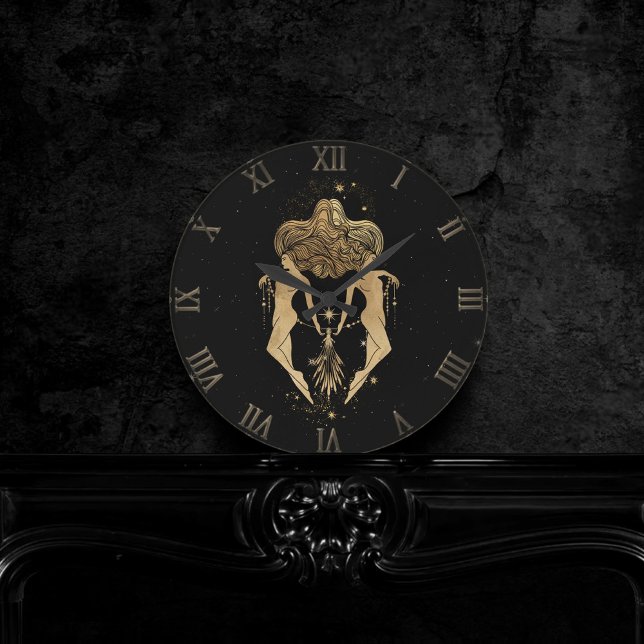 Relógio Redondo Zodiac Gemini | Astrologia Cósmica Dourada e Negra (Criador carregado)