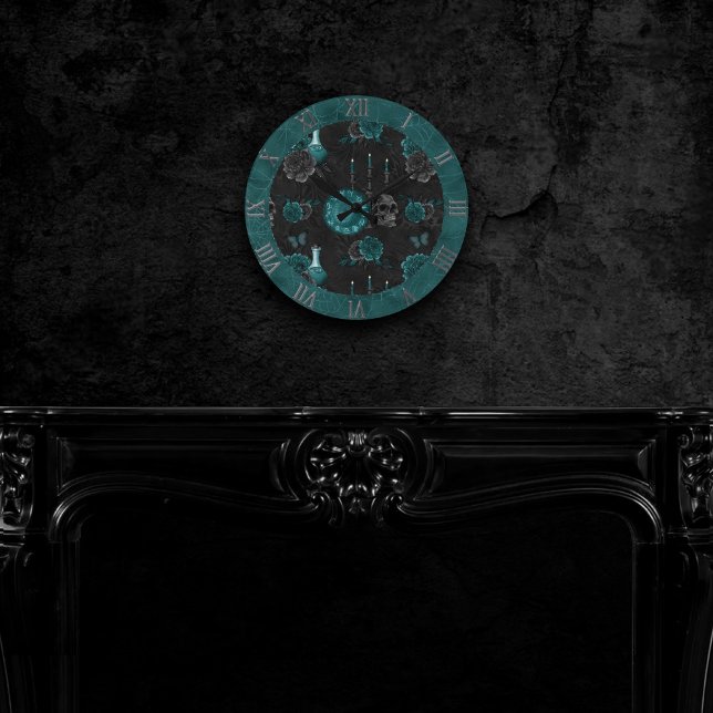 Relógio Redondo Zodiac Magic | Dark Teal Green Gothic Skull Roses (Criador carregado)