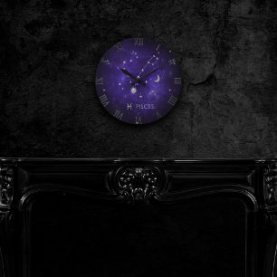 Relógio Redondo Zodiac Purple Pisces Cosmic Astrology Horoscope