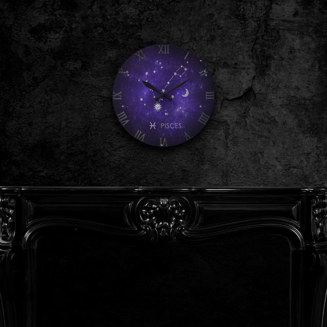 Relógio Redondo Zodiac Purple Pisces | Cosmic Astrology Horoscope (Criador carregado)