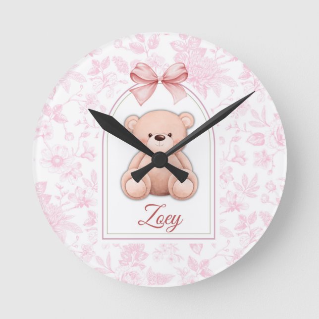 Relógio Redondo Zoey | Design de Enfermeiro de Urso Rosa Personali (Frente)