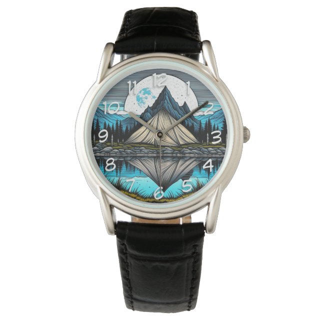 Relógio Reflexão de uma tenda no lago das montanhas (Frente)