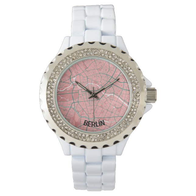Relógio Reloj mapa minimalista de Berlín - Rosa-Verde (Frente)