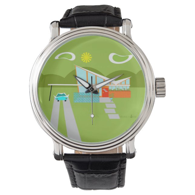 Relógio Retro Palm Primavera House Black Leather Watch (Frente)