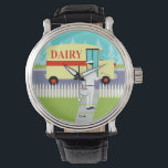 Relógio Retro Small Town Milkman Watch<br><div class="desc">Se você tem sede para um meio século moderno de design, este Retro Small Town Milkman Watch é para você! O estilo de 1960, design de arte minimalista, apresenta um fazer dedicado, milkman nas suas rondas matinais. O louro está vestindo calças brancas leitosas, camisa e chapéu com uma gravata de...</div>