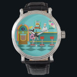 Relógio Retro Soda Fountain Watch<br><div class="desc">Sirva algo especial com este Retro Soda Fountain Watch. A arte minimalista, a design de desenho animado mostra o interior do lugar mais legal da cidade. É uma fonte de refrigerante de 1950, em toda sua glória de gatinho! No cenário de um aqua wall, podemos ver posters anunciando as especialidades...</div>