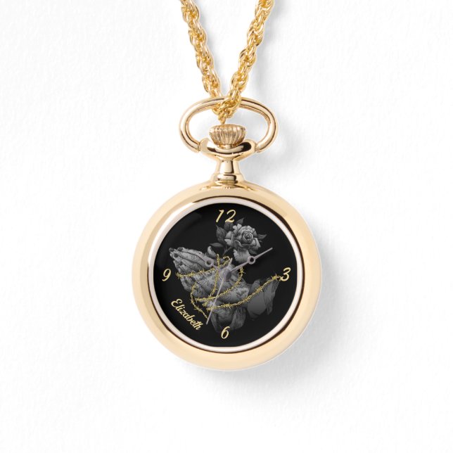 Relógio Rezando Mãos com Rosa e Cornos (Frente)