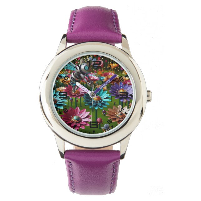 Relógio Robótica Flores Roxo (Frente)