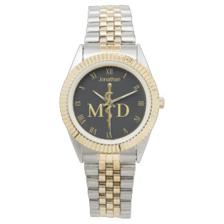 Relógio Rod de Asclepius Dourado no Médico Negro MD