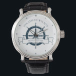 Relógio Roda Náutica Personalizada do Capitão Vintage<br><div class="desc">Relógio personalizado de barco com motorista para um cruzeiro de praia no oceano com um volante azul marinho de barco. Este relógio de pulso náutico é perfeito para um timoneiro de navio. Personalize com seu sobrenome ou outro texto.</div>