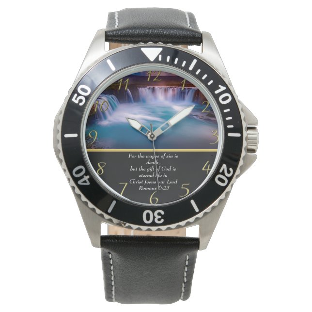 Relógio Romanos 6:23 Christian Faith um ouro em cascata (Frente)