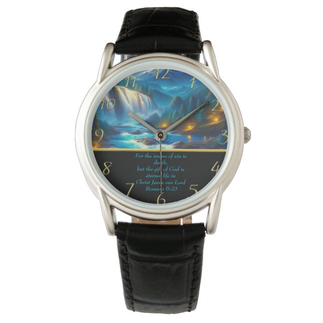 Relógio Romanos 6:23 Christian Faith um ouro em cascata (Frente)