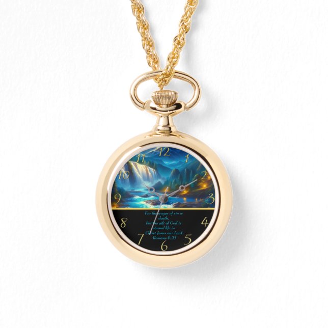 Relógio Romanos 6:23 Christian Faith um ouro em cascata (Frente)