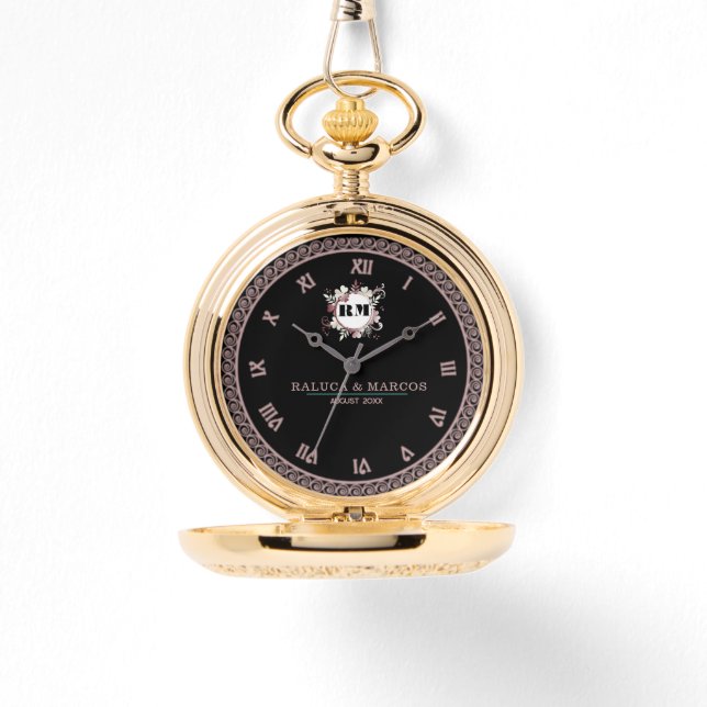 Relógio Romantic Floral Monogram Wedding  (Frente)