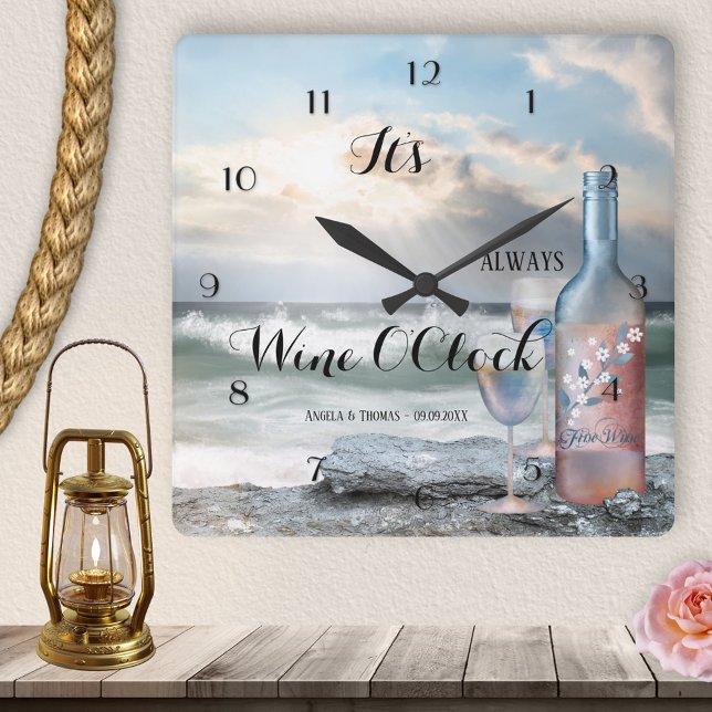 Relógio Romântico de Praia do Vinho (It's always Wine O'Clock - wall clock featuring a painting of a wine bottle with glass at the beach)