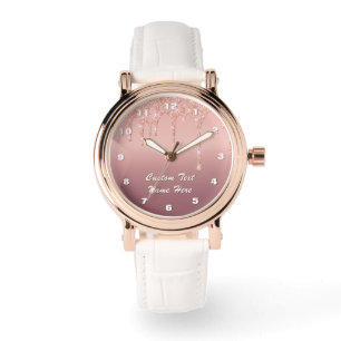 Relógio Rosa Dourada Glitter Sparkly Watch com Texto Perso