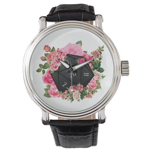 Relógio Rosa Floral D20 Tabletop RPG Dice (Frente)