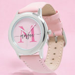 Relógio Rosa Vibrante Moderno Nome Monograma Meninas Scrip<br><div class="desc">Acesse com elegância usando nosso relógio de pulso com nome das meninas em roteiro moderno na cor rosa quente! Este relógio elegante apresenta uma face rosa vibrante, personalizado com o seu nome em um script moderno e elegante para um visual único e personalizado. Perfeito para adicionar um toque de cor...</div>