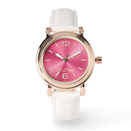 Relógio Rose Gold & Pink "Be Happy" Watch with White Strap