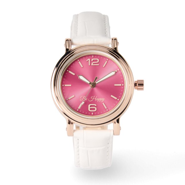 Relógio Rose Gold & Pink "Be Happy" Watch with White Strap (Frente)