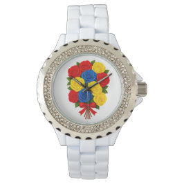 Relógio Roses Bouquet Women Rhinestone White Enamel Watch