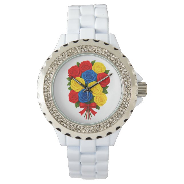 Relógio Roses Bouquet Women Rhinestone White Enamel Watch (Frente)