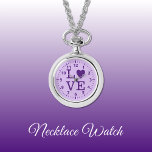 Relógio Roxo Love Necklace Watch<br><div class="desc">Presente do Necklace Watch. Com a palavra "amor" e uma forma cardíaca substituindo a letra O. Escuro e roxo claro.</div>