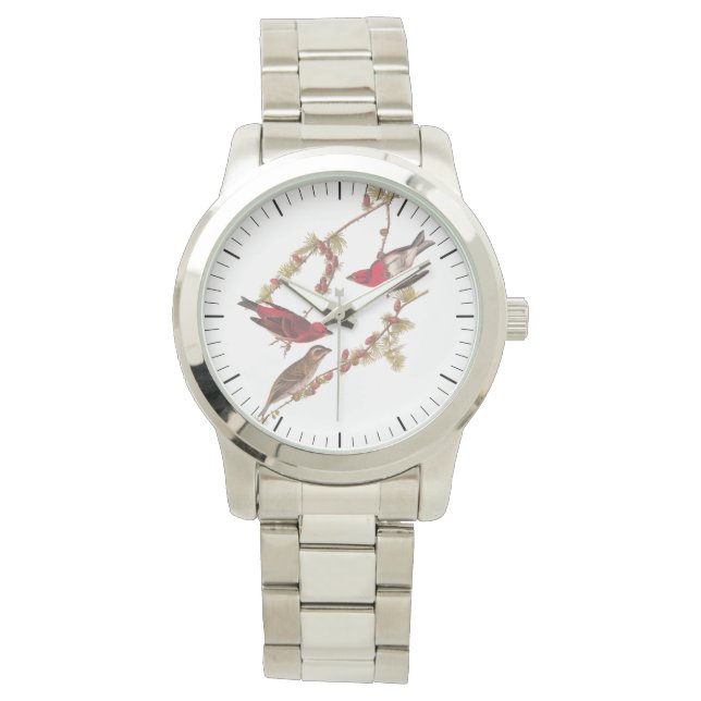 Relógio Roxo-Roxo-Púrpura Aves Vermelhas Vintage Art (Frente)