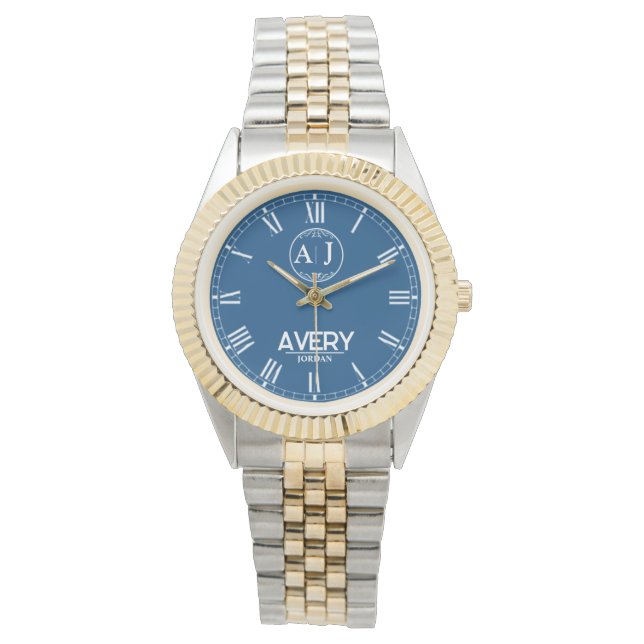 Relógio Royal Blue White Leather Custom Monogram Classic  (Frente)