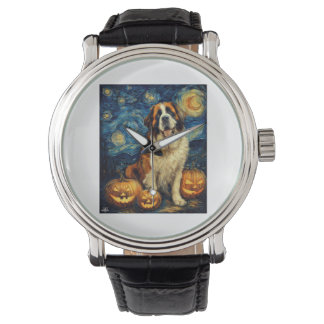 Relógio Saint Bernard Cute Dog Halloween Jack O Lantern Pu