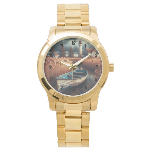 Relógio Serenidade Costeira: Farol e Rowboat (Frente)