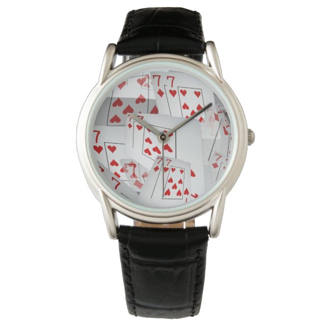 Relógio Sete, Cartões De Poker, Guarda Preta De Couro. (Frente)
