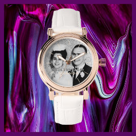 Relógio Seu nome de foto, Rosa, Dourado, Banda branco, pul