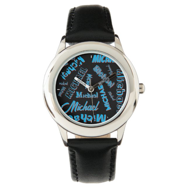 Relógio Seu nome é padrão monograma azul preto (Frente)