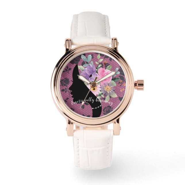 Relógio Silhueta Chic Elegante Flores Românticas Gráfico (Frente)