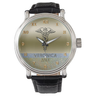 Relógio Símbolo de Caduceus Médico   Enfermeiros RN Dourad