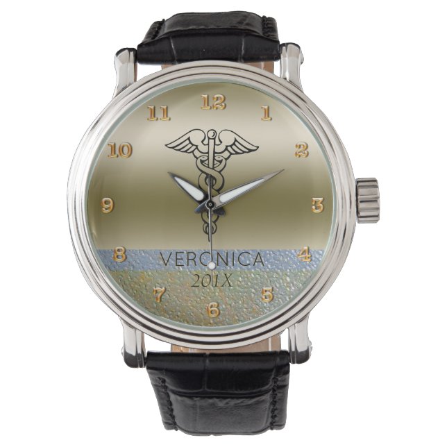 Relógio Símbolo de Caduceus Médico | Enfermeiros RN Dourad (Frente)