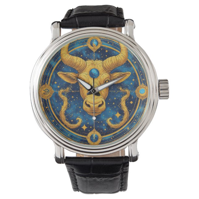 Relógio Símbolo de Touro Dourado em Círculo Azul (Frente)
