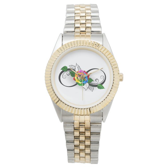 Relógio Símbolo Infinito com Rosa do Arco-Íris (Frente)