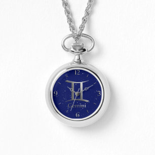Relógio Símbolo Zodiac para Gemini no Deep Midnight Blue