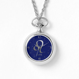 Relógio Símbolo Zodiac para Leo no Deep Midnight Blue