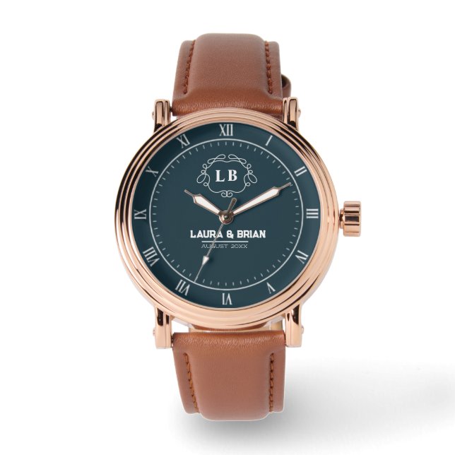 Relógio Simple Minimal navy blue Monogram couple names (Frente)