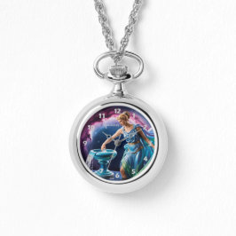 Relógio Sinal Zodiac Aquarius Deusa Silver Necklace Watch