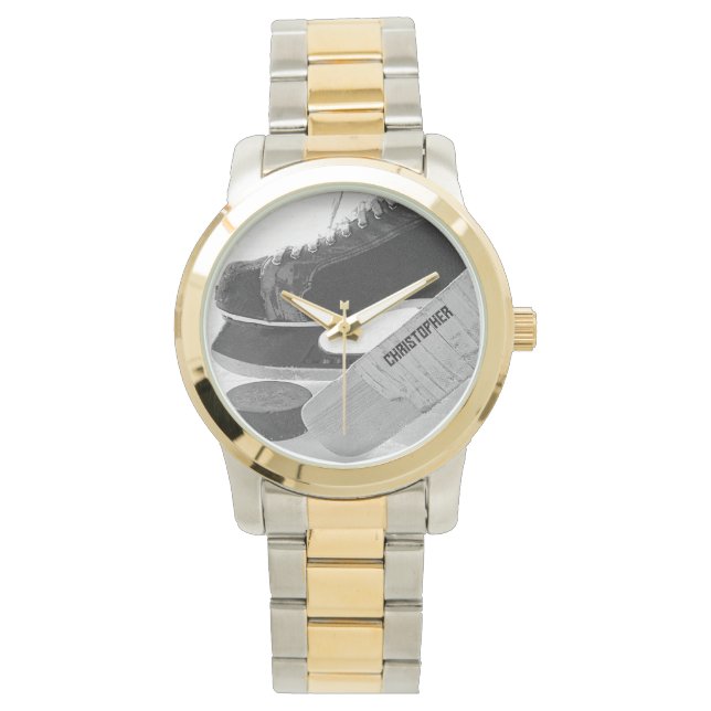 Relógio Skates Negros de Hockey Personalizados (Frente)