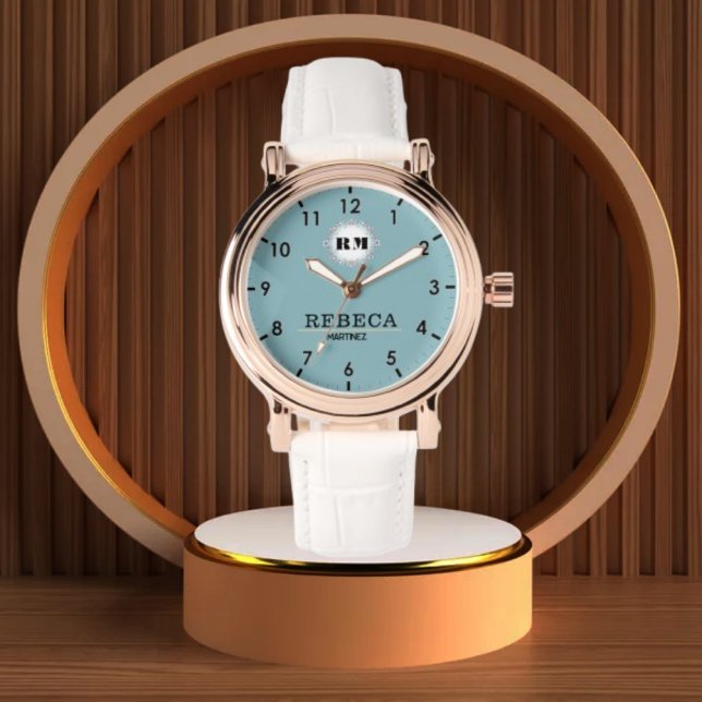 Relógio Sky Blue Personalized Custom Monogram Elegant  (Criador carregado)