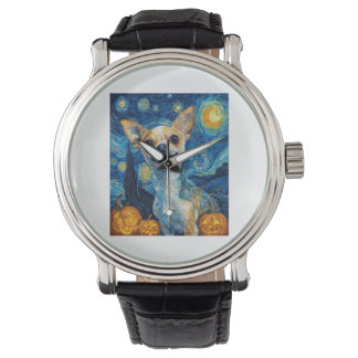 Relógio smiling chihuahua dog starry night by Van Gogh fin