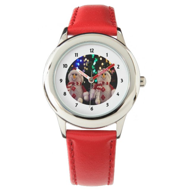 Relógio Snowman e ornamentos familiares na Tree Watch (Frente)