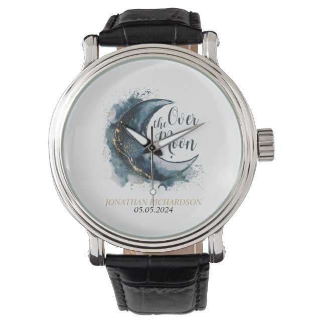 Relógio Sobre a Lua Dourada Estrelas Chá de fraldas Azul (Frente)