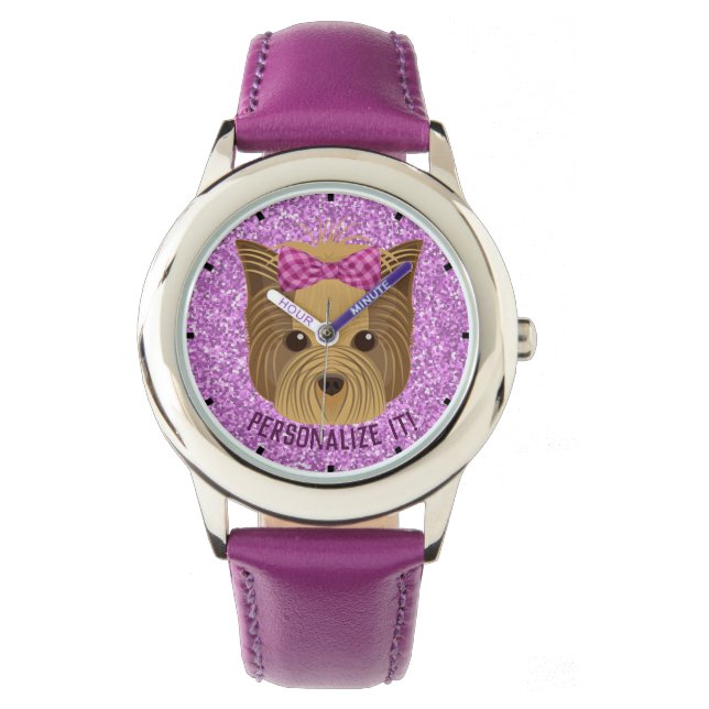 Relógio Sparkle Yorkie Yorkshire Terrier Puppy Dog Glitter (Frente)